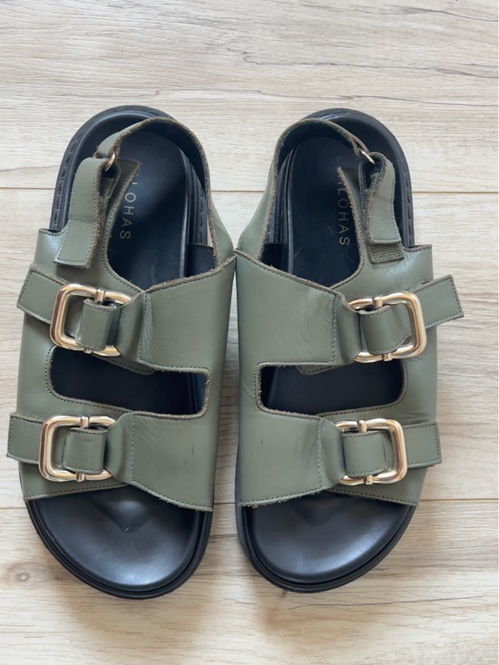 ALOHAS Shoes - ALOHAS Olive Green Leather Double-Buckle Sandals with Gold Hardware